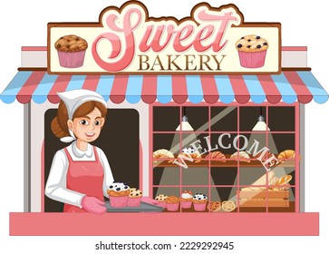 Bakery shop facade with bakery seller illustration