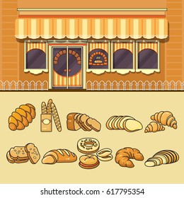 Bakery shop facade and set of cute various colorful food icons. Flat design vector illustration of small business concept. Stylish grocery boutique. Store design template. 