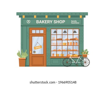 Bäckereiwerksfassade mit Schild isoliert flachen Cartoon Gebäude. Vektor Bäckerei, Café, Brot, Gebäck und Dessert Markt Supermarkt. Showcase mit Brot und Kuchenprodukten, Fahrrad und Pflanze