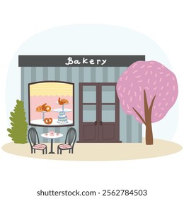 Bakery shop facade with signboard isolated flat cartoon building. Showcase with bread and cakes products,