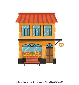 Bakery shop. Facade store building in flat style. Urban small shop isolated on white background. Vector illustration