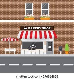 Bakery Shop Facade with Street Landscape. Brick Building Retro Style Facade  Vector Illustration.