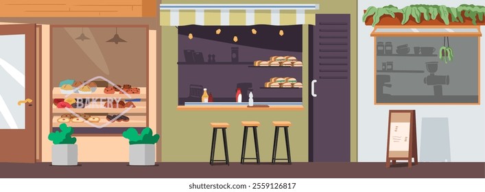 Bakery shop, fastfood cafe, coffee house city street public marketplace building exterior with showcasing products prepared for sale cartoon scene. Small business and service vector illustration