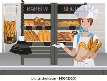 Bakery shop. Female staff selling fresh pastry and baguettes in local bakery. Vector illustration.