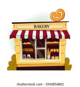 Bakery shop in flat style. The facade of the bakery. Bakery facade in flat style.