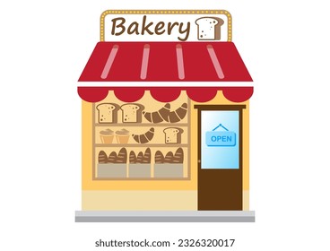  Bakery shop in flat style. Showcase Bakery Shop Food Store Facade Street Cartoon Illustration. Bakery building facade.