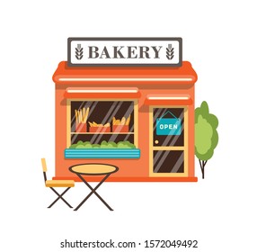 Bakery shop flat vector illustration. Bakery store building facade with signboard and coffee table isolated on white background. Small kiosk with bread loafs and baguettes at showcase.
