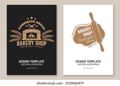 Volante de panadería, folleto, pancarta, afiche. Vector. Diseño tipográfico con horno antiguo, silueta de trigo. Plantilla para panadería, objetos de identidad del restaurante, empaque y menú