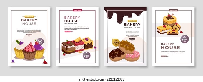 Bakery shop flyer template set vector illustration. Vector illustration of posters, bakery advertising banners, confectionery products, cakes, donuts, etc. Fully editable eps 10, ready to print, A4.