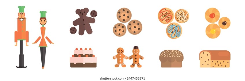 Bakery Shop Food and Baker Flat Item Vector Set