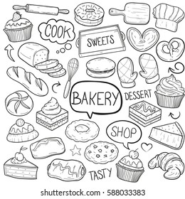 Bakery Shop Food Doodle Vector Art Design. Pastry Dessers and Cookies.