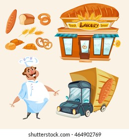 Bakery shop fresh bread baker delivery truck vector set 