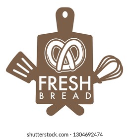 Bakery shop fresh bread isolated icon pretzel spatula and whisk cutting board pastry food production factory or store wheat dough and flour baking and cooking tools and culinary emblem or logo.