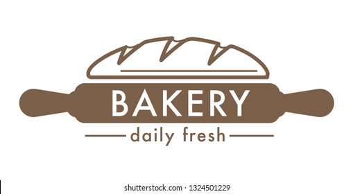 Bakery shop fresh bread isolated icon pretzel spatula and whisk cutting board pastry food production factory or store wheat dough and flour baking and cooking tools and culinary emblem or logo