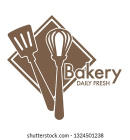 Bakery shop fresh bread isolated icon pretzel spatula and whisk cutting board pastry food production factory or store wheat dough and flour baking and cooking tools and culinary emblem or logo