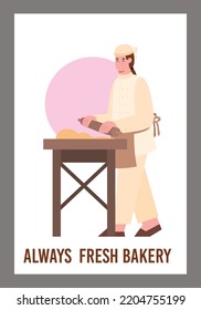 Bakery shop and fresh bread store business concept for banner and web with cartoon baker male character, flat vector illustration on white background.