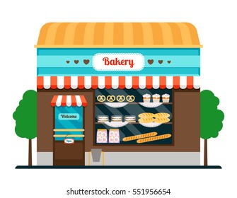 Bakery shop front veiw flat icon. Bakery facade vector illustration