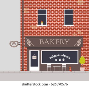  Bakery shop front veiw. Red brick facade. Vector illustration.