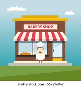 Bakery shop front view with baker. Flat design.