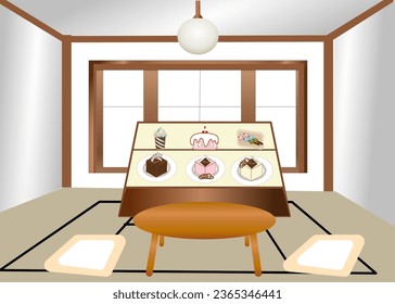 a bakery shop with glass window and bakery products.