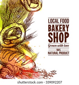 Bakery shop with hand drawn bread and wheat ears vector illustration