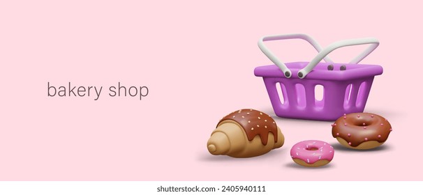 Bakery shop. Horizontal layout on colored background, place for text. 3D shopping basket, croissant, donuts with various toppings and sprinkles. Sweet pastries, delicious desserts