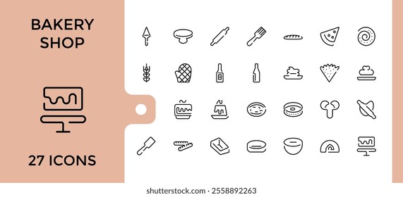 Bakery Shop icon set. Containing bakery, croissant, cake, element, donut, baker, food and more. Thin outline icons pack. Editable vector icon and illustration.