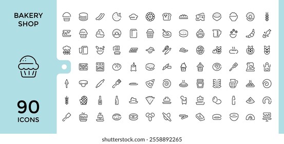 Bakery Shop icon set. Containing bakery, croissant, cake, element, donut, baker, food and more. Thin outline icons pack. Editable vector icon and illustration.