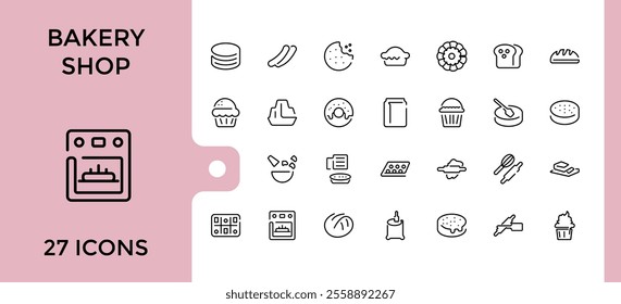 Bakery Shop icon set. Containing bakery, croissant, cake, element, donut, baker, food and more. Thin outline icons pack. Editable vector icon and illustration.