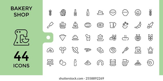 Bakery Shop icon set. Containing bakery, croissant, cake, element, donut, baker, food and more. Thin outline icons pack. Editable vector icon and illustration.