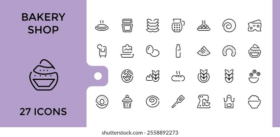 Bakery Shop icon set. Containing bakery, croissant, cake, element, donut, baker, food and more. Thin outline icons pack. Editable vector icon and illustration.