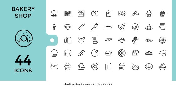 Bakery Shop icon set. Containing bakery, croissant, cake, element, donut, baker, food and more. Thin outline icons pack. Editable vector icon and illustration.