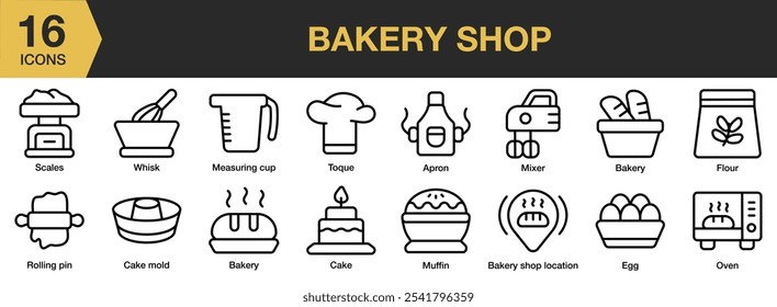 Bakery Shop icon set. Includes apron, location, bakery, cake mold, egg, flour, and More. Outline icons vector collection.