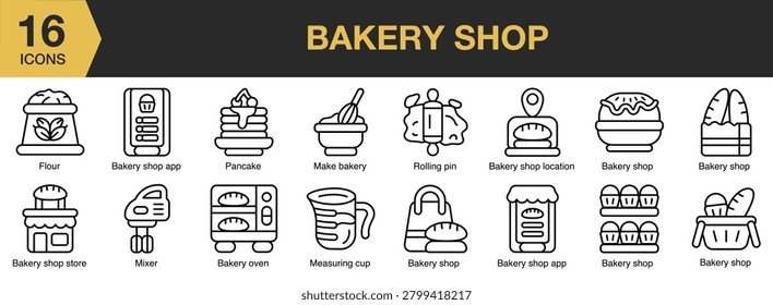 Bakery Shop icon set. Includes storefronts, bread, cakes, pastries, ovens, bakery services and More. Outline icons vector collection.