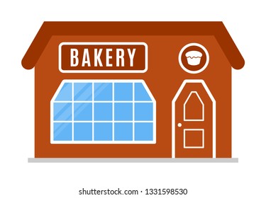 Bakery shop icon, symbol, store, market. Vector illustration isolated on white background. Sign of the house is brown color. Stylish cartoon image. The facade of the building in flat style