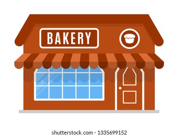 Bakery shop icon, symbol, store, market. Vector illustration isolated on white background. Sign of the house is brown color. Stylish cartoon image. The facade of the building with awning in flat style