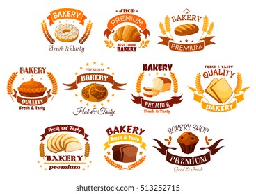 Bakery shop icons of bread and pastry dessert. Vector symbols of donut, croissant, wheat bread bagel, meat and sweet pie, rye bread loaf, chocolate muffin. Ribbon, star for bakery, pastry, patisserie