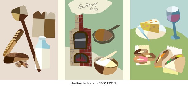 bakery shop  icons vector illustrations set.three vector illustrations.