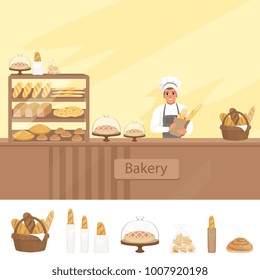 Bakery shop illustration with baker character next to a showcase with pastries. Young man standing behind the counter. Vector store background with design elements set.