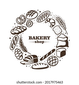 Bakery shop illustration with different bread and roll. Vector hand-drawn illustration, isolated on white background, logo or banner template