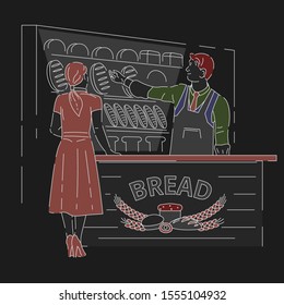 Panadería con horneado en la tienda. Trabajador detrás del mostrador mostrando al cliente productos recién horneados y variedad de panes. Oferta de pastelería. Ilustración vectorial gráfica sobre fondo negro.