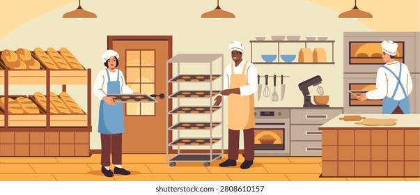 Bakery shop interior with bakers, bread shelves, oven and pastry cart in flat style. Vector illustration