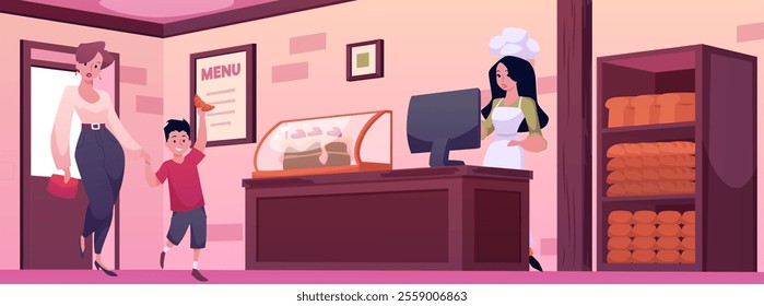 Bakery shop interior with boy and woman customers, counter with cashier. Showcase with cake dessert, bread products assortment on shelves. Vector flat illustration confectionery cafeteria, menu board