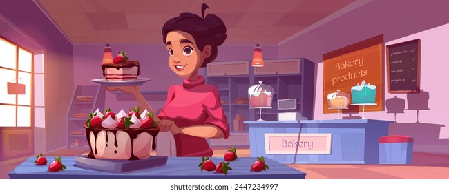 Bakery shop interior with bread, pies and cakes on showcase and racks with shelves. Woman baker or shopkeeper cuts piece of pastry for order. Cartoon vector sweet dessert confectionary store inside.