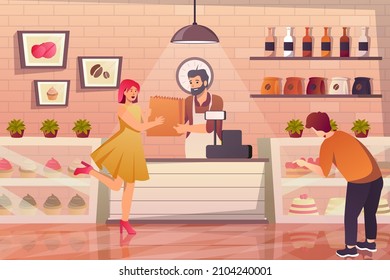 Bakery shop interior with buyers concept in flat cartoon design. Customers choose desserts in showcase and buy fresh pastries at checkout from seller. Vector illustration with people scene background