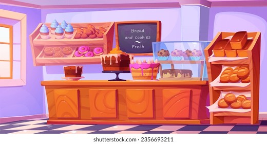 Bakery shop interior with cake and counter inside cartoon background. Bread, bun and donut dessert in cafeteria display near window on shelves. Cute french croissant and cupcake indoor showcase