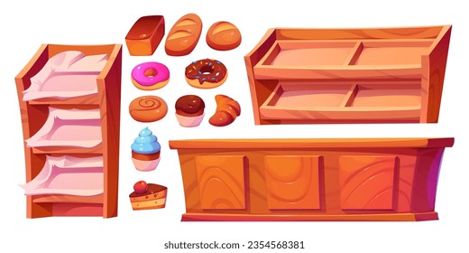 Bakery shop interior with cake, donut and bread showcase cartoon set. Cafe store inside furniture with counter and shelves for dessert display design illustration. Empty shelf for french croissant