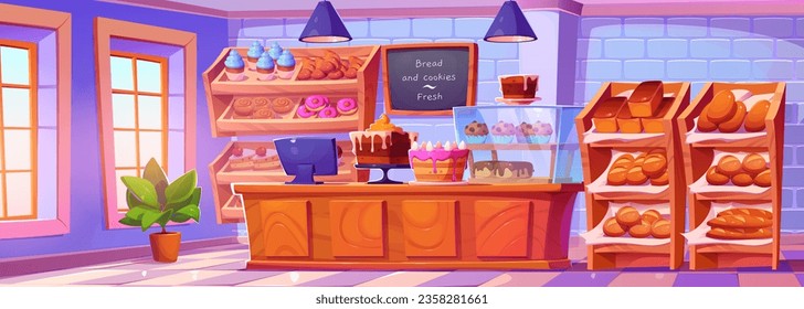 Bakery shop interior with checkout, display cases and shelves with freshly baked bread and baguettes, buns and cakes, donuts and cupcakes. Cartoon vector illustration of warm fresh pastries market.