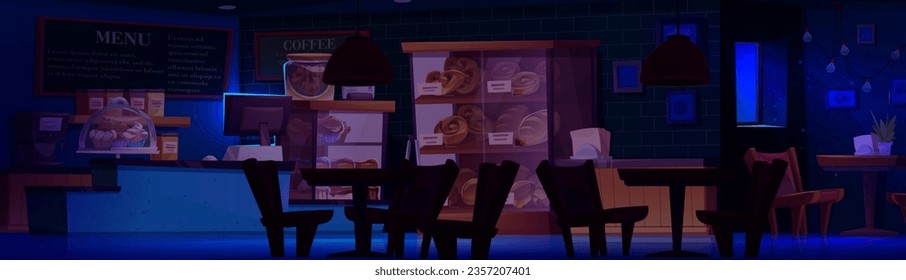 Bakery shop interior closed at night. Cartoon vector illustration of store with bread and sweet pastries in showcases in dark. Cash register, tables and chairs, desserts and buns at nighttime.