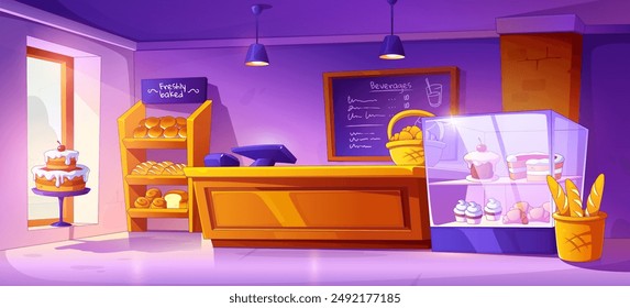 Bakery shop interior with counter and cake vector. Cafeteria inside with bread and pastry display on shelves. Retail business with cute sweet production assortment on showcase and menu board scene